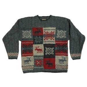 Woolrich Vintage Sweater Medium Gray Crew Neck Wool Holiday Oversized Apres Ski